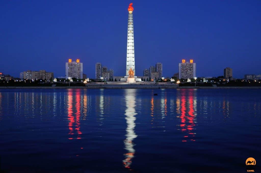 Juche Tower Reflection on the Taedong River - Pyongyang, North Korea (DPRK)